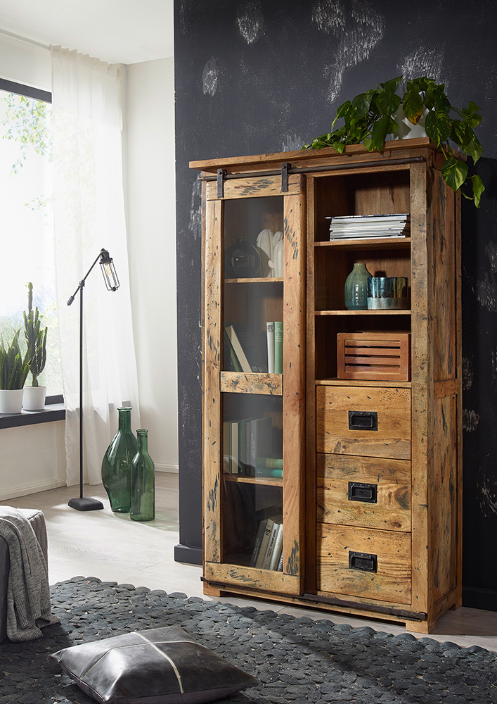 Vitrine I Mangoholz Massivholz Rustikal Schubkasten Glasvitrine