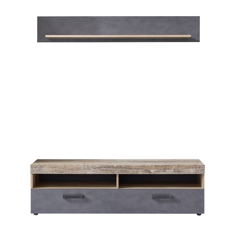 Lowboard m. Wandboard Tailor Indy 2 offene Fächer Klappe Tv-Board Matera Pale Wood NB