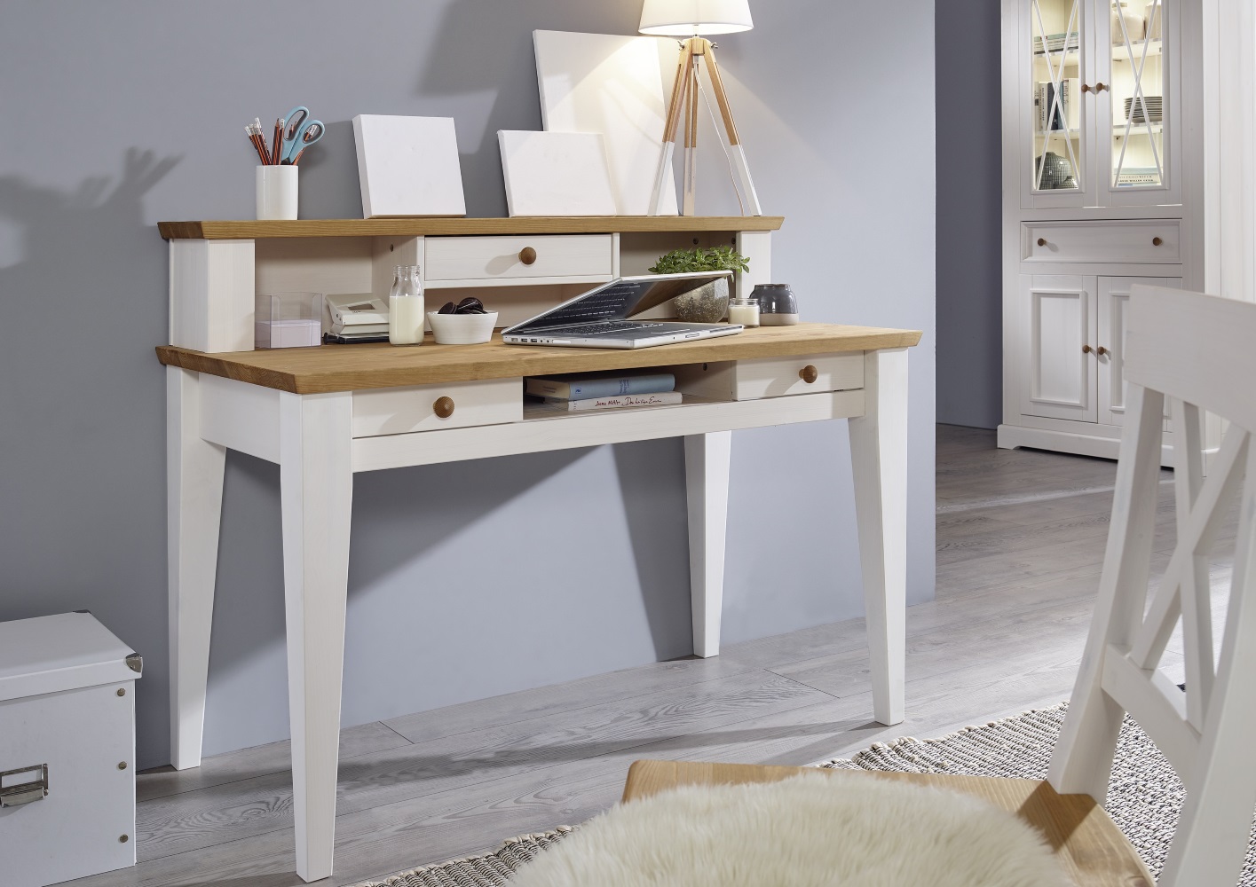 Schreibtisch WZ-0133 Weiß Eichenfarbig Kiefer Massiv 3 Schubkästen Büro Tisch