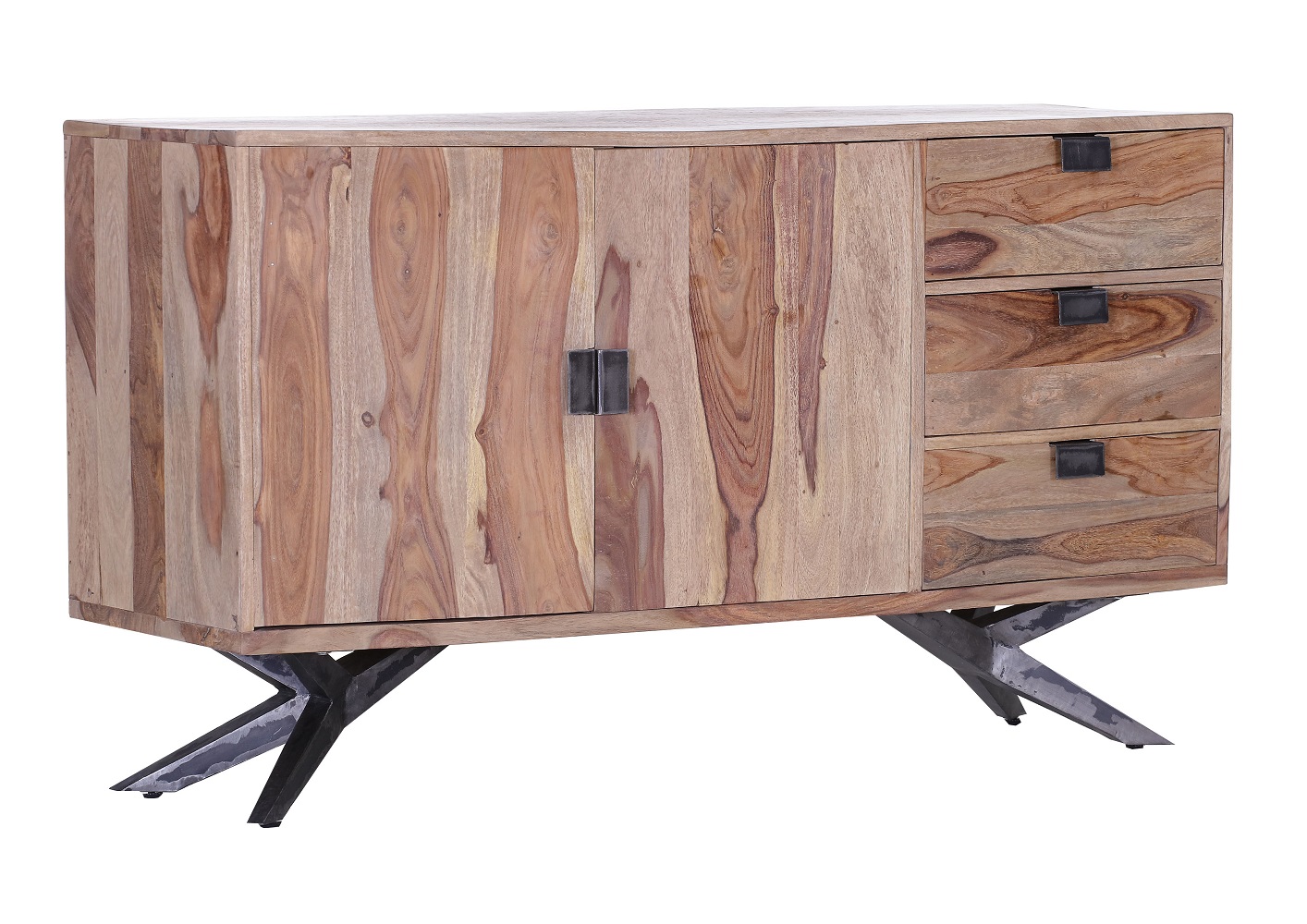 Sideboard Nola 66141 Shishamholz Massiv Metall Schwarz Natur 3 Schubkästen