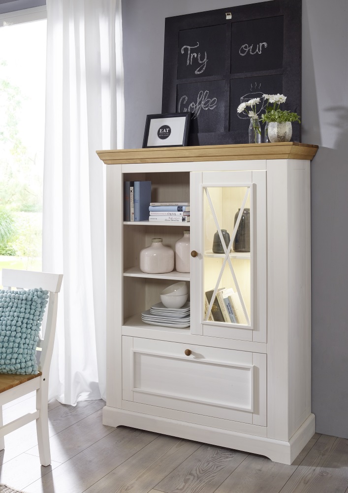 Highboard I WZ-0133 Weiß Eichefarbig 1 Glastür 1 Klappe 3 Offene Fächer Kommode