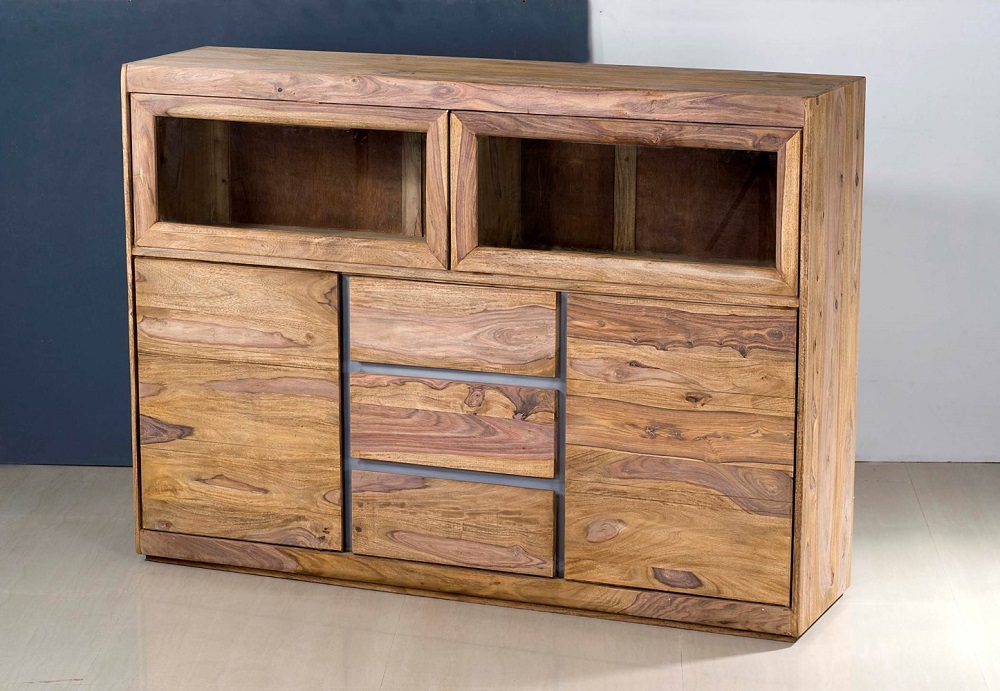 Highboard WZ-0316 Sheeshamholz massiv Natur 4 Türen 3 Schubkästen Kommode