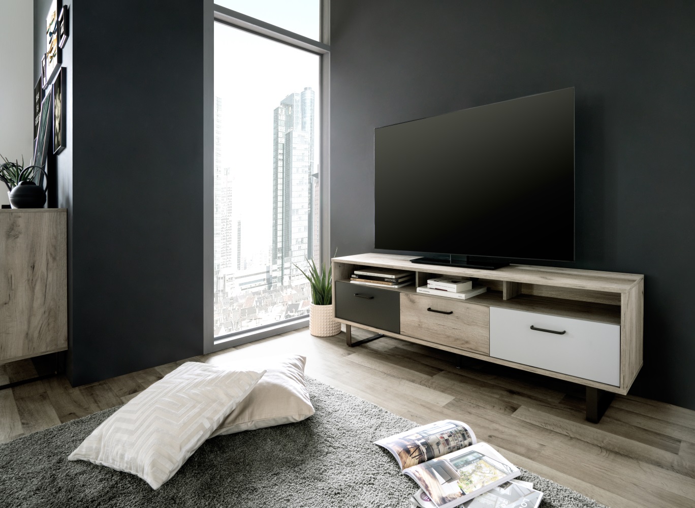 TV-Board Orlando Grey Craft Oak Grau Weiß Anthrazit Fernsehschrank Lowboard TV Tisch Metall MDF