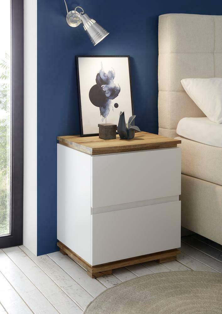 Nachtkonsole Tunis Weiß Matt  Eiche Massiv 2 Schubkästen MDF Nachtkommode Nachttisch
