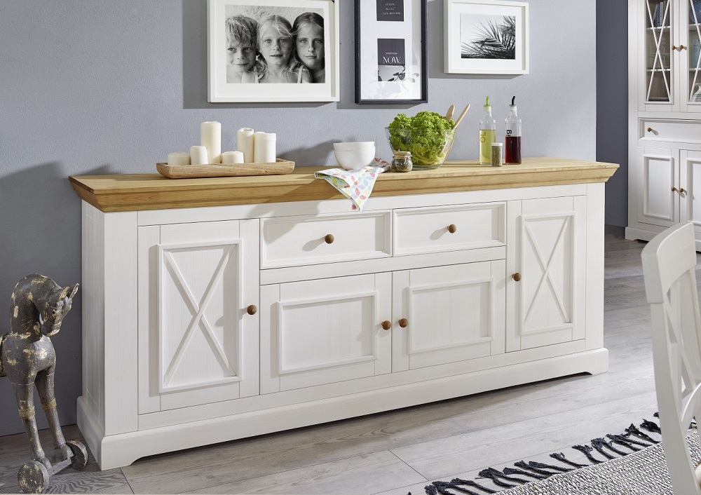 Sideboard WZ-0133 Kiefer massiv Landhausstil 201x88x43 cm weiß Kommode Anrichte Schrank
