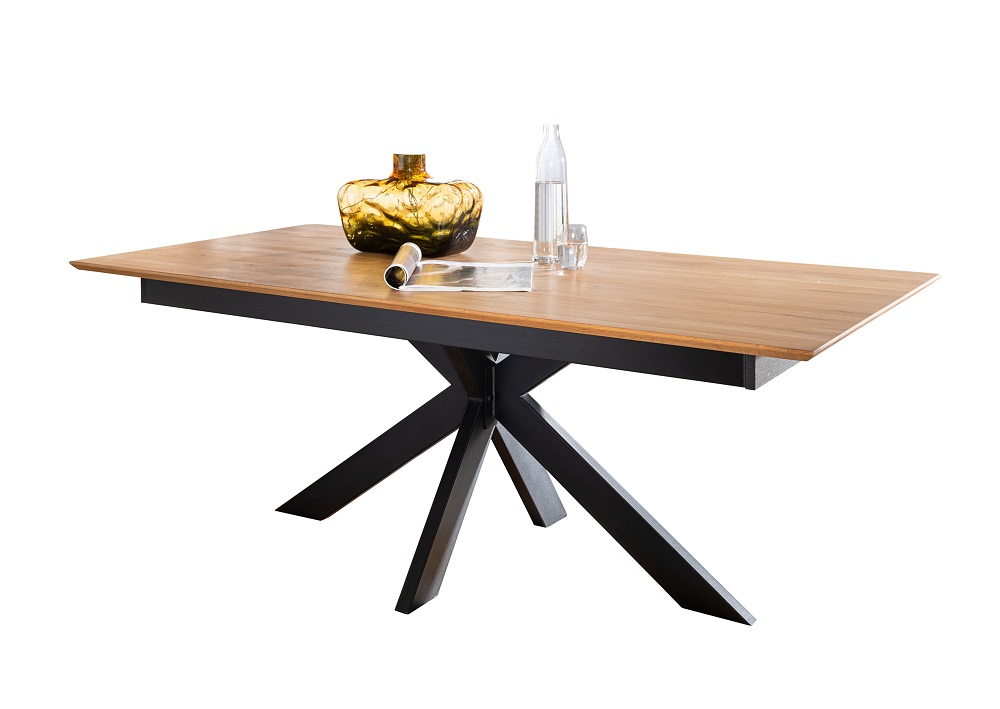 Tisch TI-0595 Eiche Massivholz Metallgestell Schweizer Kante Butterfly Auszug 180-265 cm