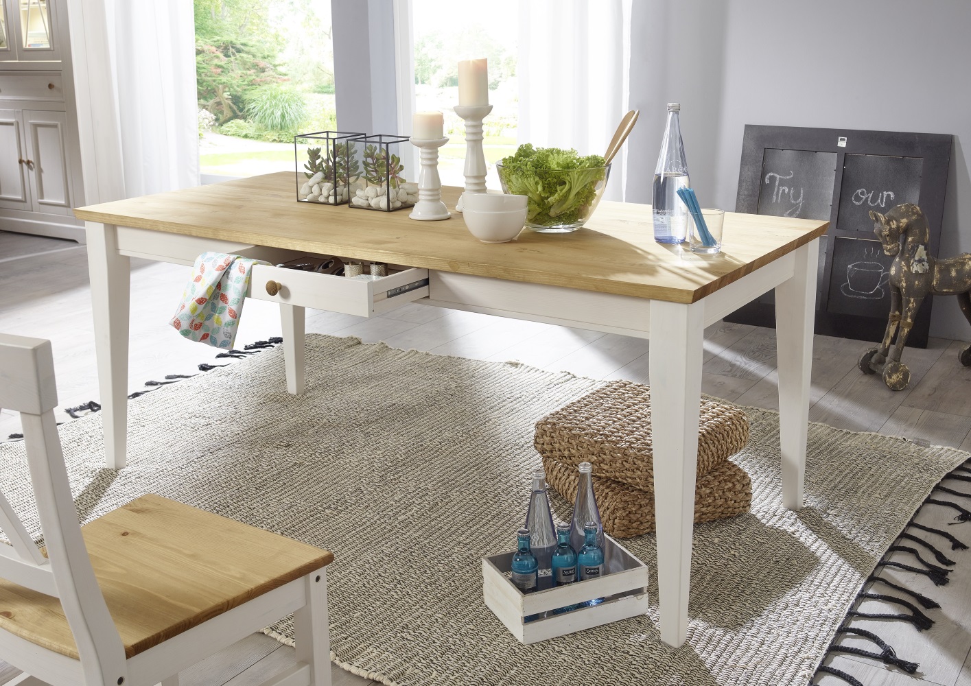 Esstisch WZ-0133 Weiß Eichefarbig Kiefer Massiv 180x90 Küchentisch Speisetisch Esszimmertisch Tisch