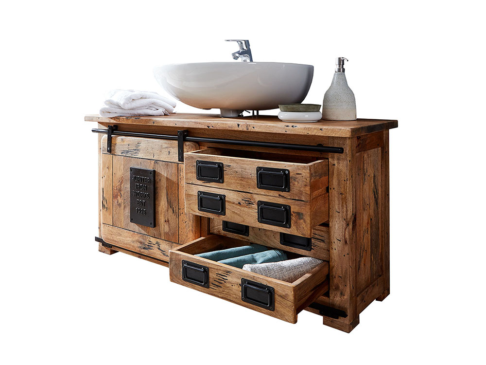 Unterschrank II BA-0480 Mango Massivholz Beschläge Eisen 120 cm breit Badmöbel
