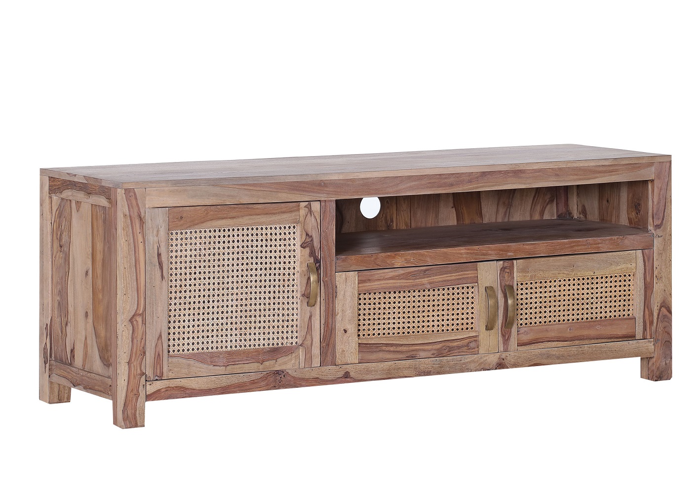 TV-Lowboard Bantu 66260 Shishamholz Massiv 3 Türen 1 Fach Natur Wohnzimmer