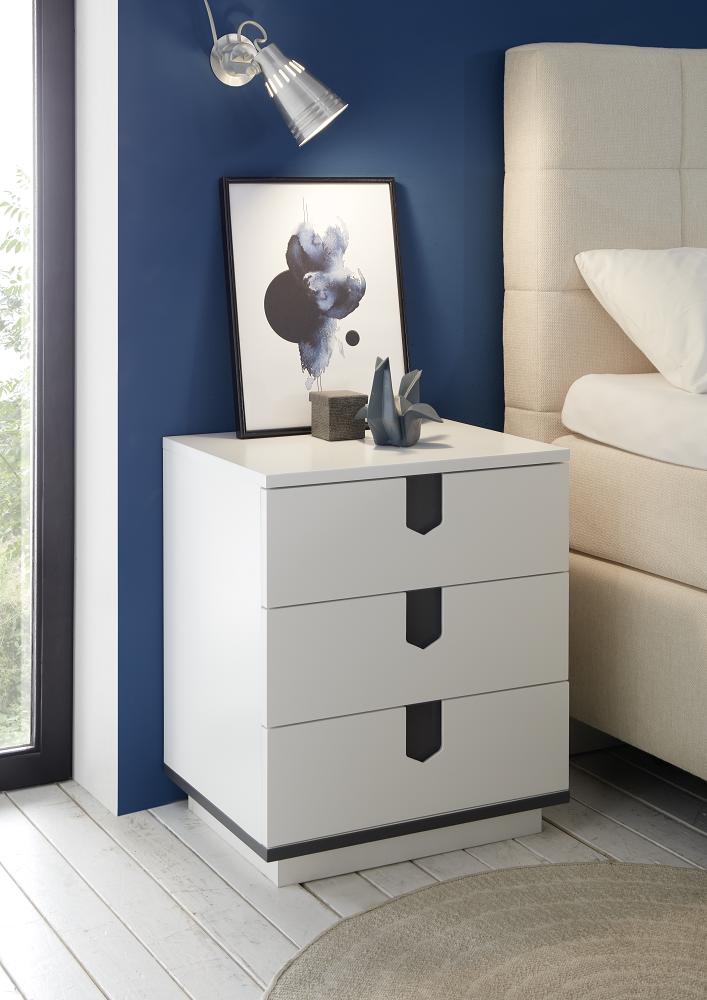 Nachtkonsole Angkor Weiß Matt Lackiert Metall Anthrazit 3 Schubkästen Nachttisch