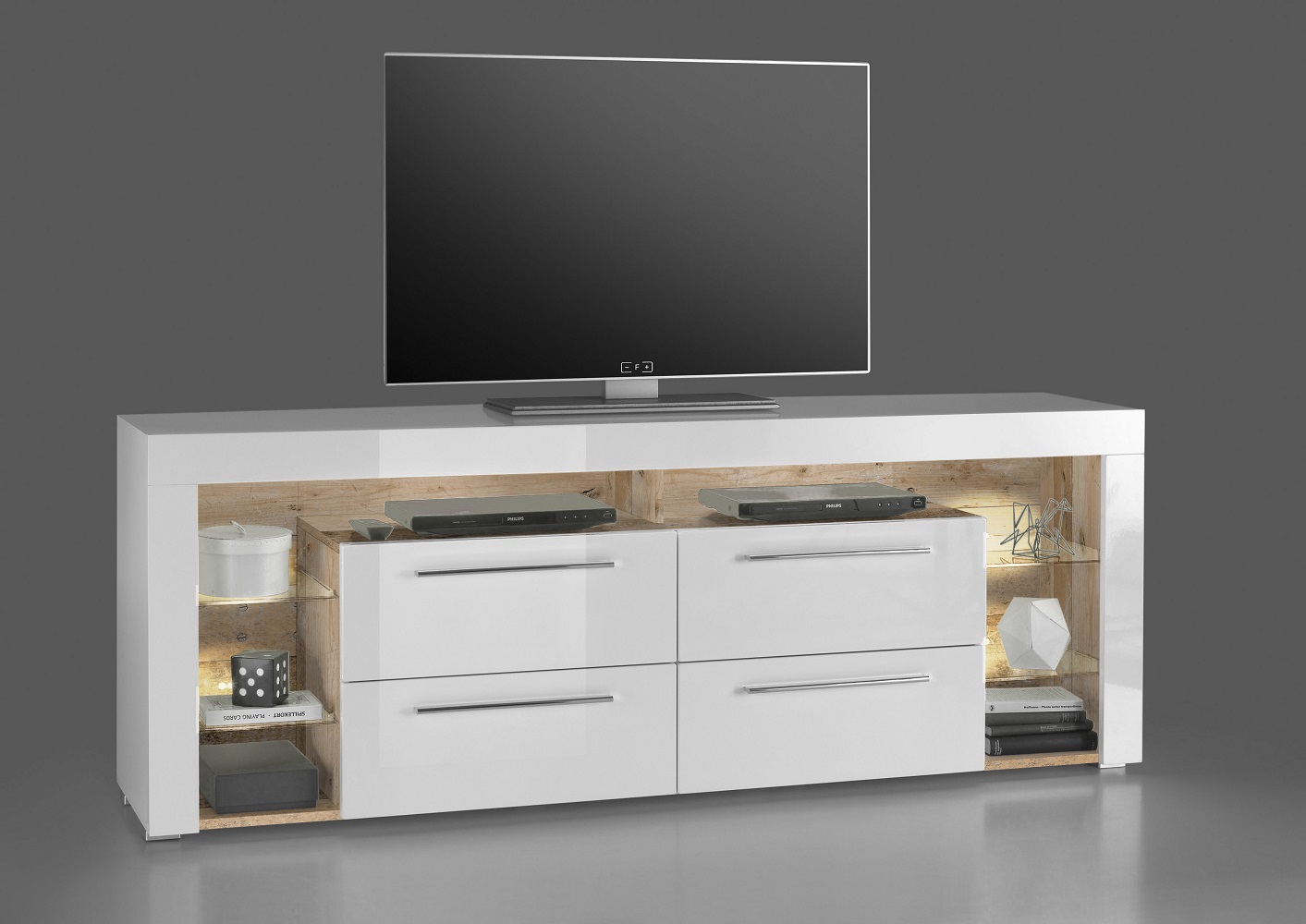 Lowboard Goal 4 Schubkästen 6 offene Fächer weiß Front Hochglanz mit LED