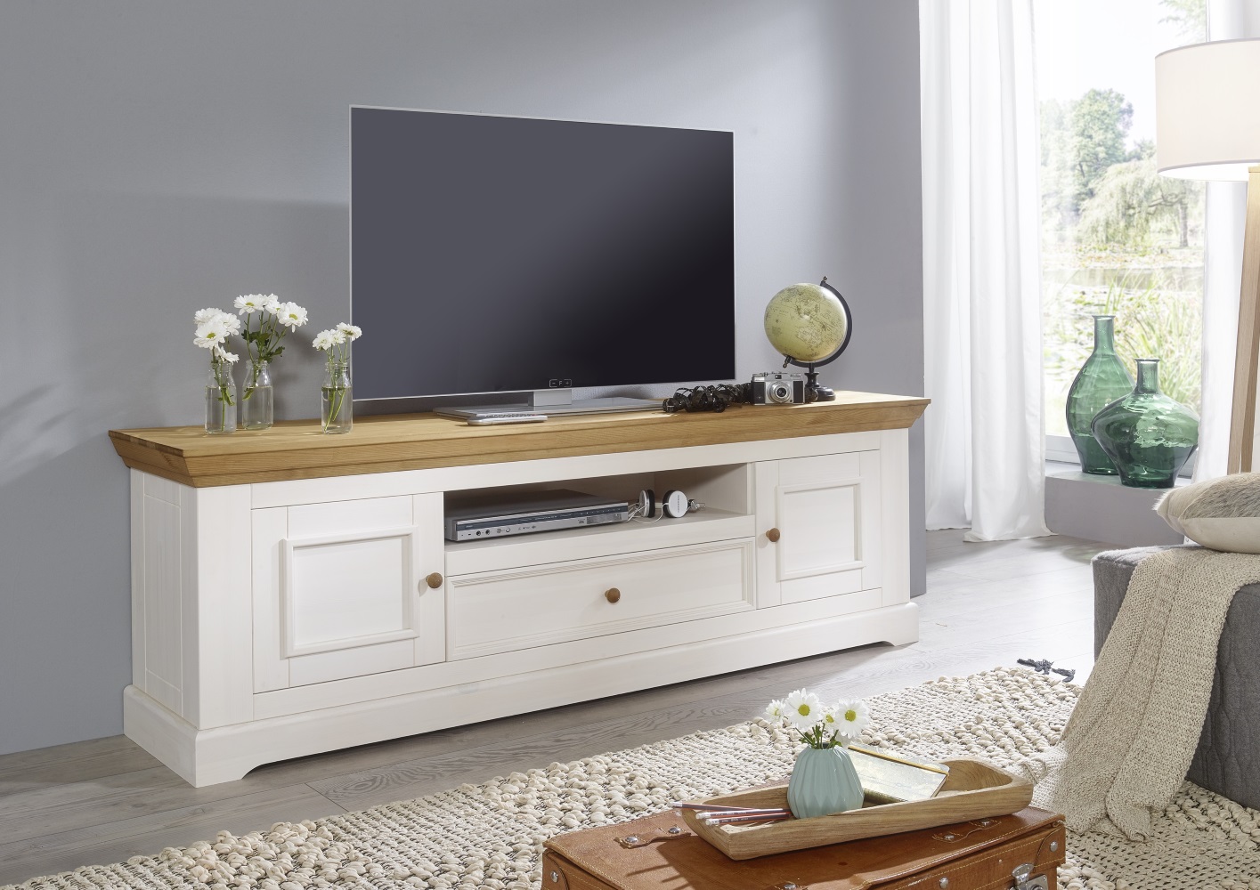 Lowboard I WZ-0133 Weiß Eichefarbig Kiefer Massiv TV Möbel Fernsehschrank TV Board