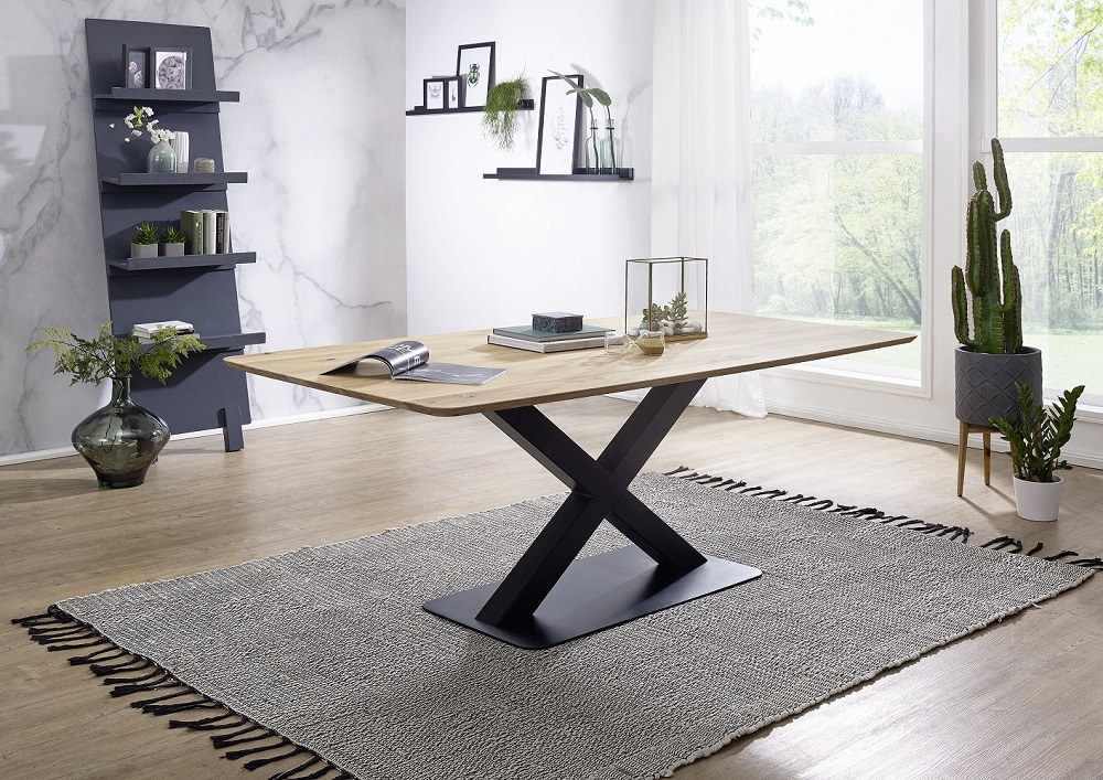 Esstisch TI-0540 Wildeiche geölt massiv 200x100 Küchentisch Speisetisch Esszimmertisch Metall Schwarz X-Fuß