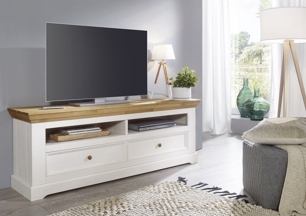 Lowboard II WZ-0133 Weiß, Eiche farbig Kiefer massiv Fernsehschrank TV Schrank TV Board Hifi Möbel