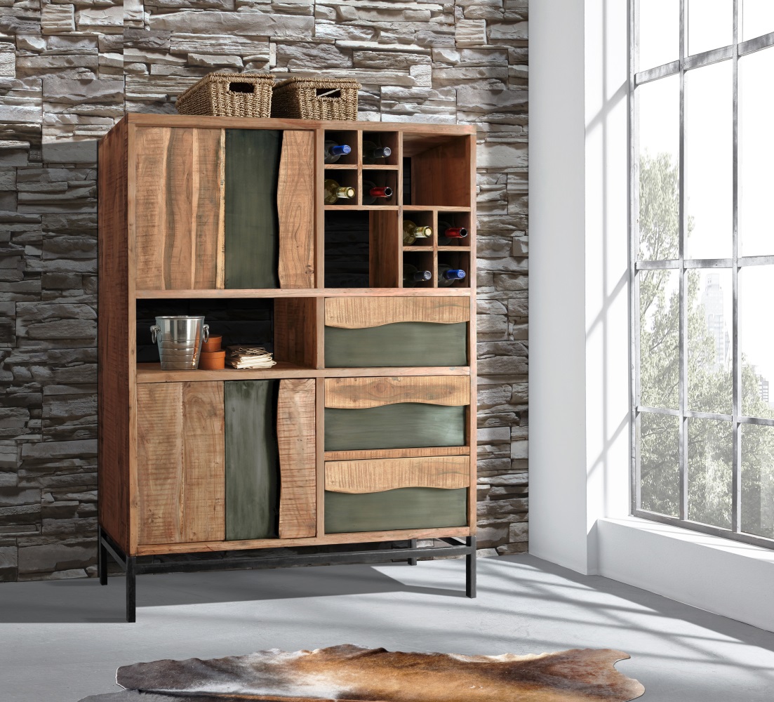 Highboard Live 6269 Akazienholz Massiv 2 Türen 3 Schubkästen 2 Flaschenablagen