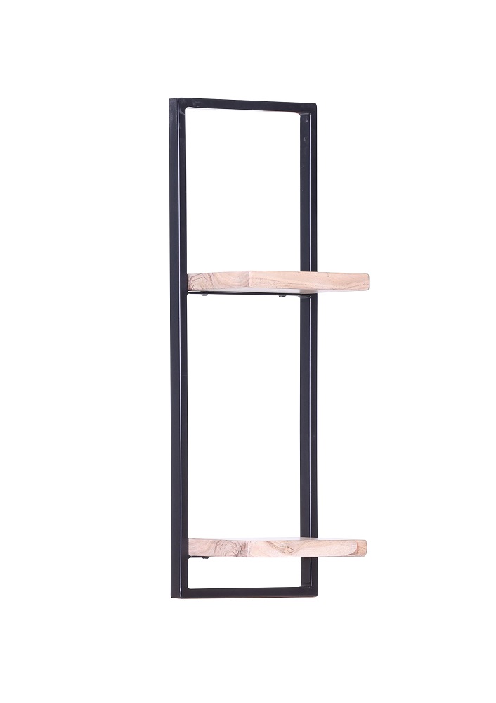 Wandregal Porto Akazie Massiv Natur Metall Schwarz 2 Ablagen Regal Bücherregal