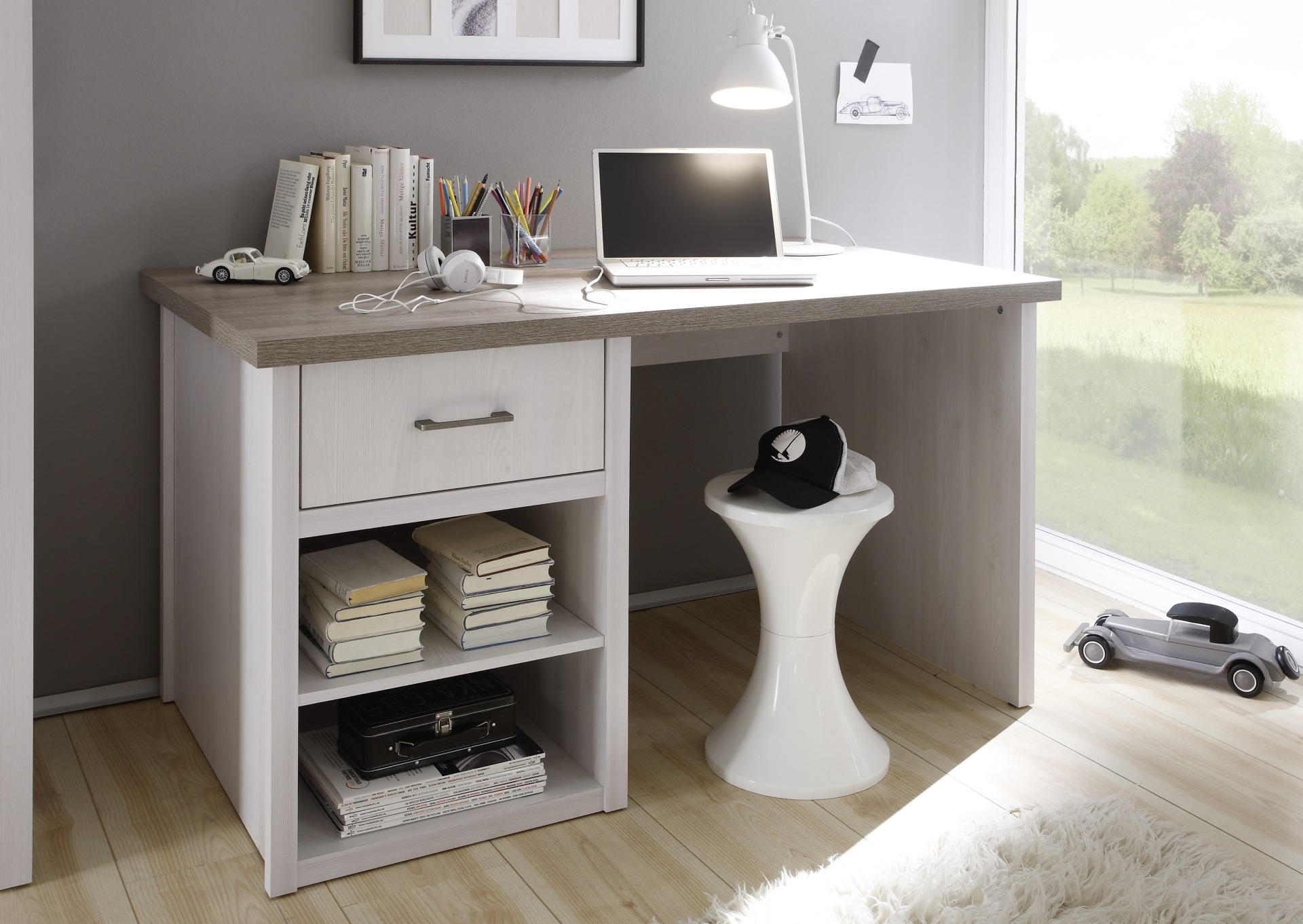 Schreibtisch Luca Computertisch Bürotisch Pinie Weiß Landhaus 2 Fächer 1 Schubkasten