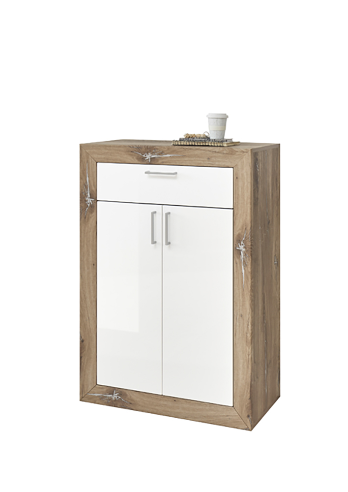 Schuhschrank Neapel in der Farbe Weiß und Oak Dunkel mit Schubkasten